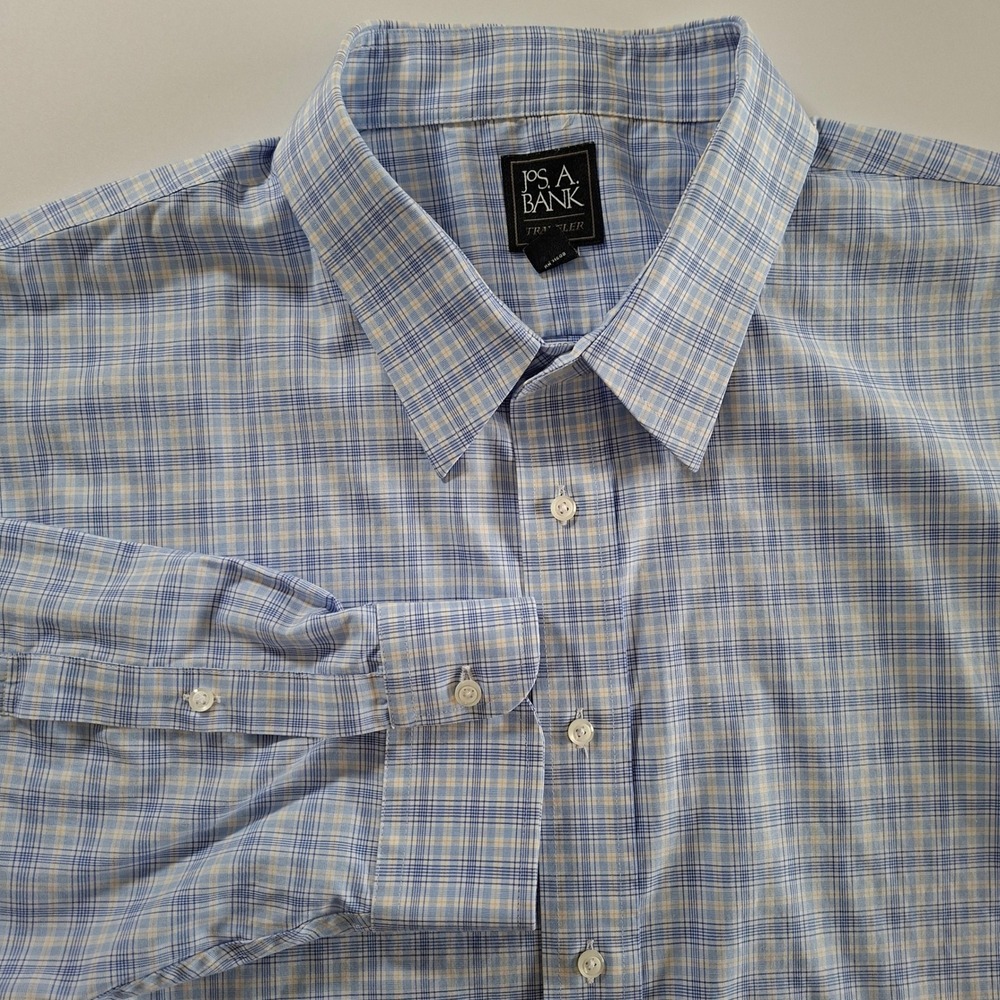 Jos. A. Bank Traveler Shirt 19 34-35 Blue Plaid Cotton Traditional Fit Mens